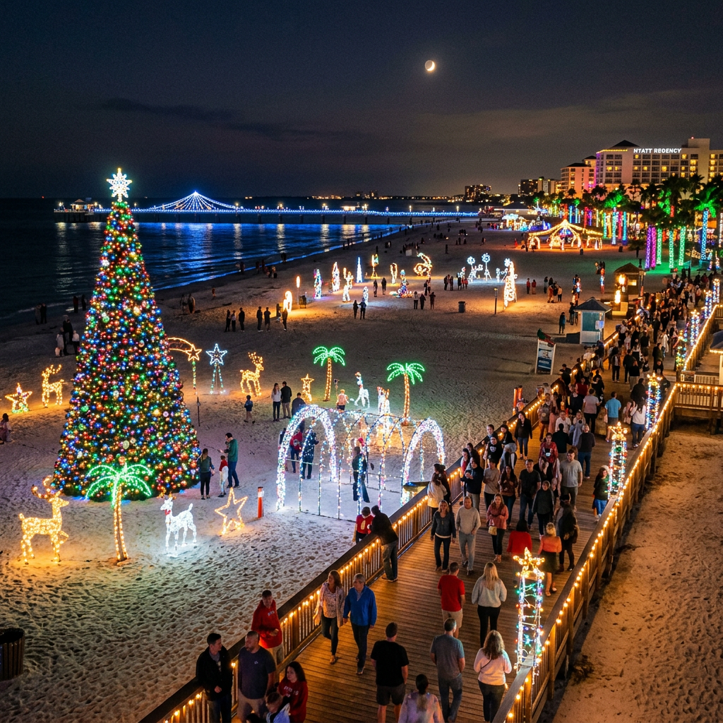Beach decorated with colorful holiday lights, including a large Christmas tree, near ocean and boardwalk with people walking