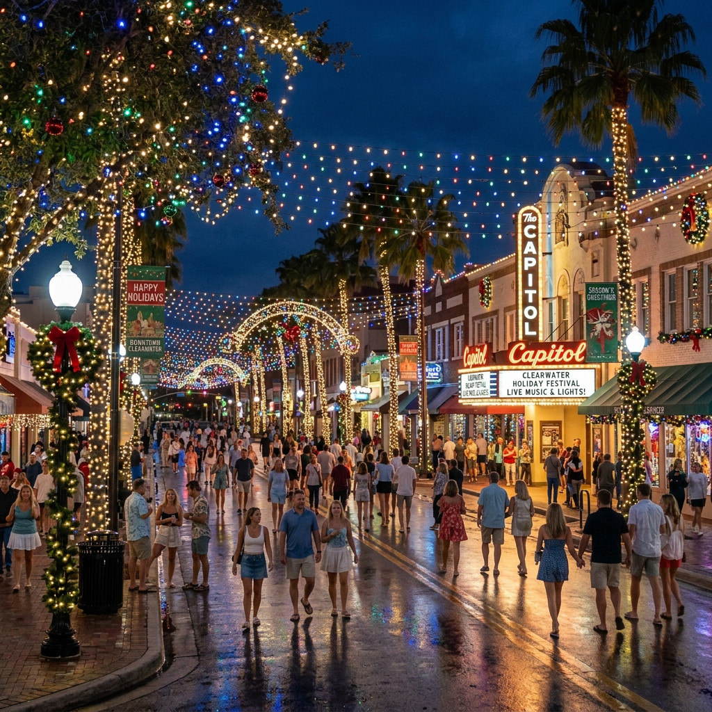 Downtown street decorated with Christmas lights and crowds of people walking alongside traffic