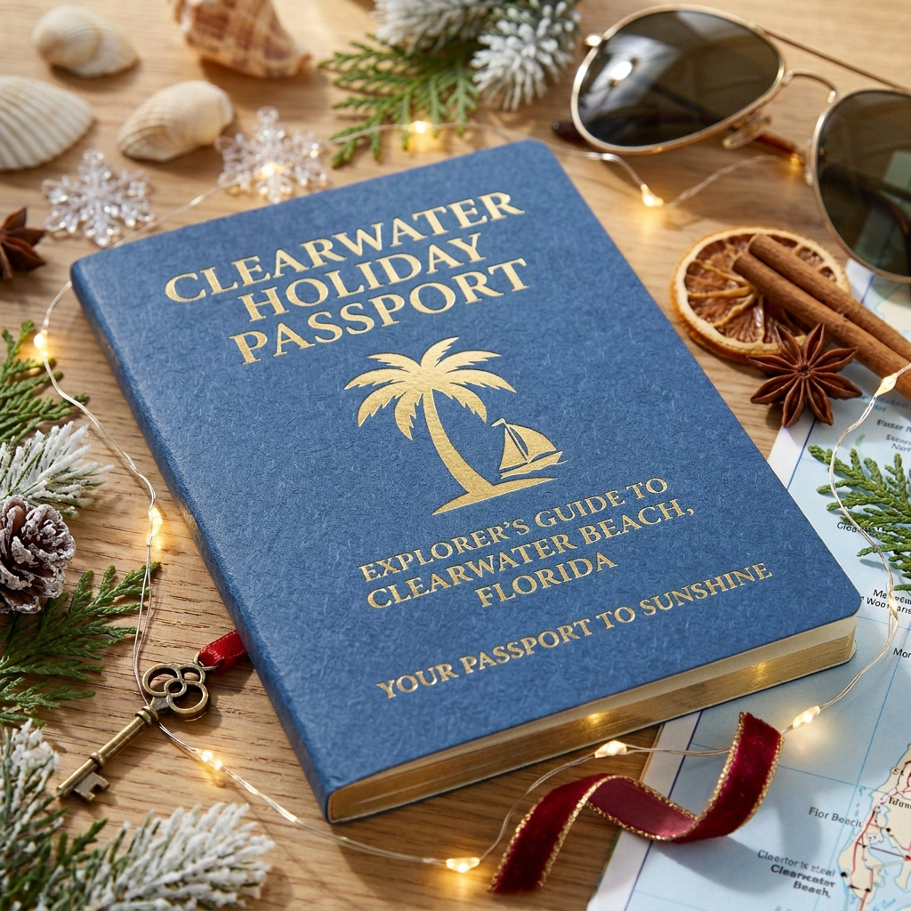 Clearwater Holiday Passport guidebook with key and seashells on table